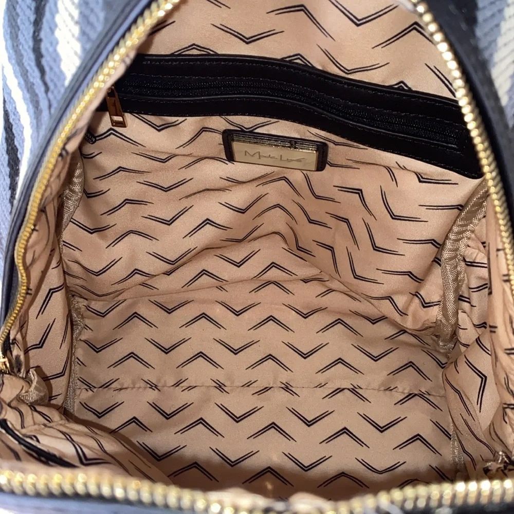 MODA Luxe Trent Backpack Blue Striped Patterned Fabric Faux Leather Travel Bag